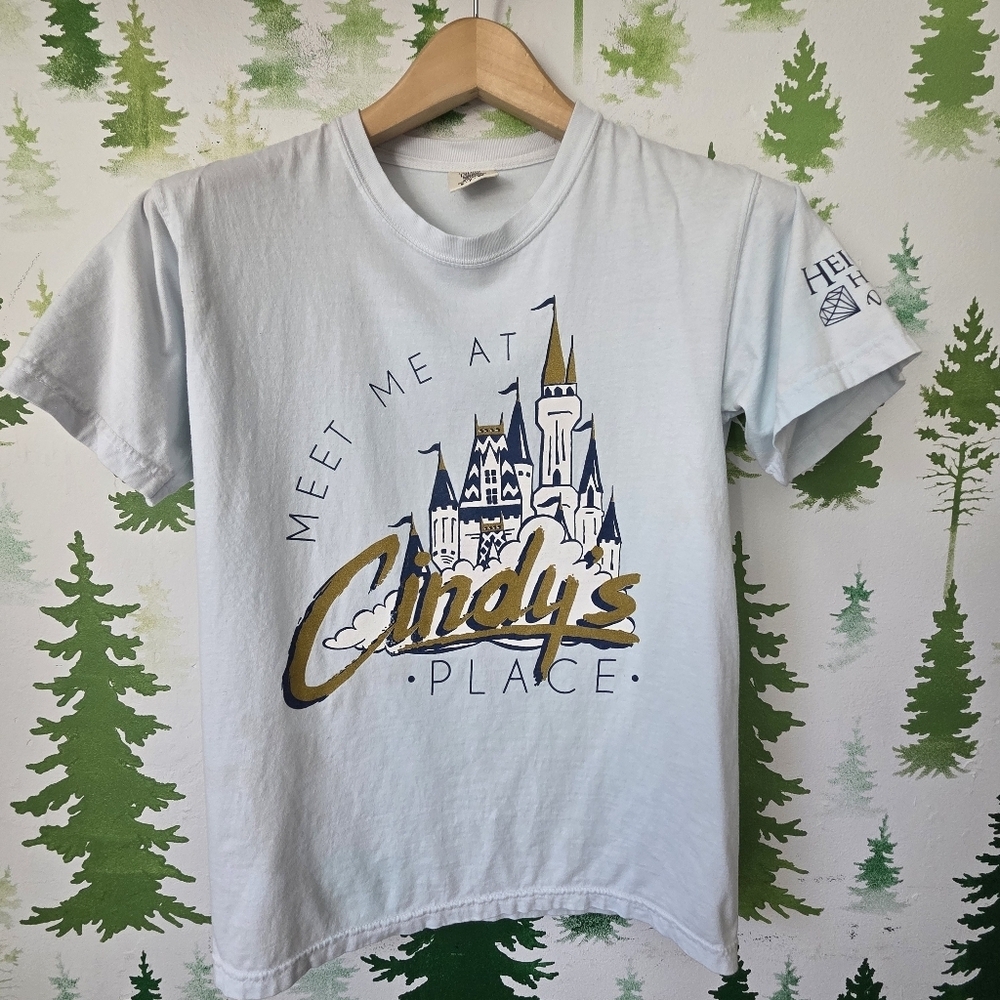 Cindy's Place Graphic Tee - Light Blue with Navy & Gold Print